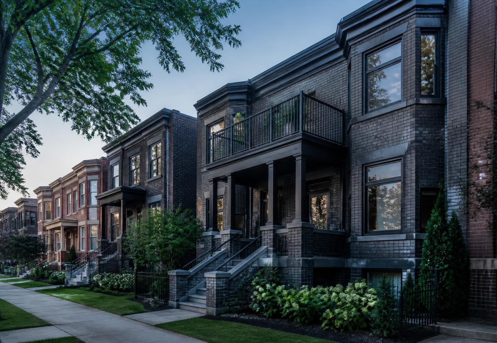 Row of Toronto brick multi-family rental buildings at dawn